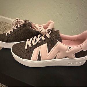 Michael Kors Poppy sneakers. Brown MK jacquard with pink MK sneakers.